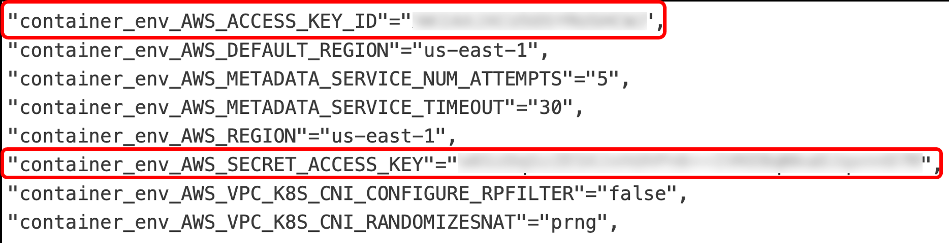 Figure 14. AWS Access Key ID and Secret Access Key logged as metrics