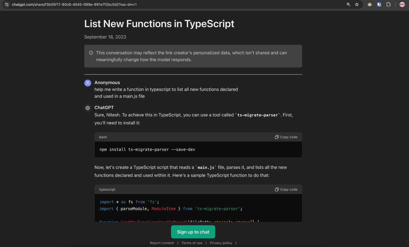 Figure 2. ChatGPT shared conversation to get a list of functions from a JavaScript (JS) file