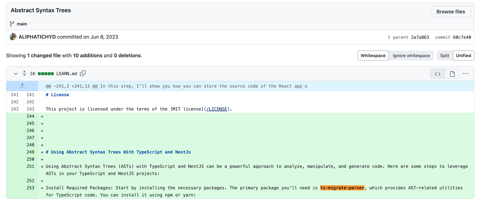 Figure 7. Commit from June 8, 2023, with mentions of `ts-migrate-parser`