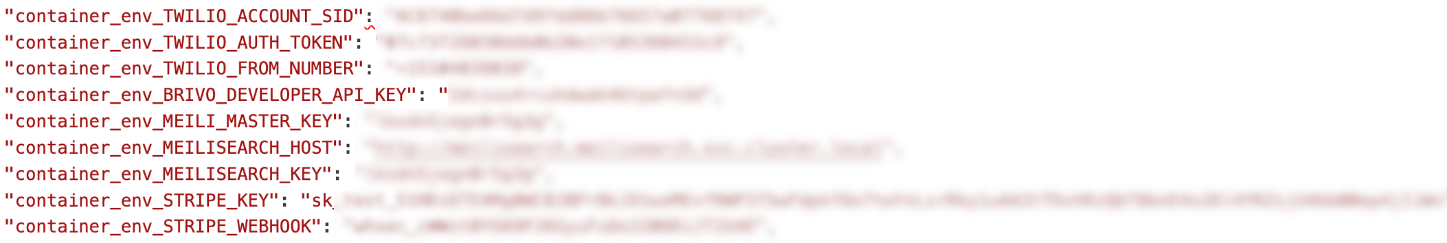 Figure 17. API keys of applications such as Twilio, Stripe, Brivo, and Meilisearch